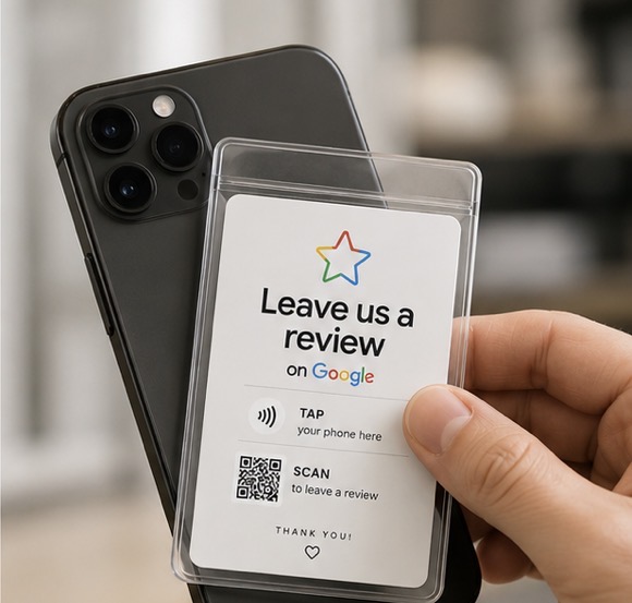A hand holding a TapGoReview card in front of a smartphone